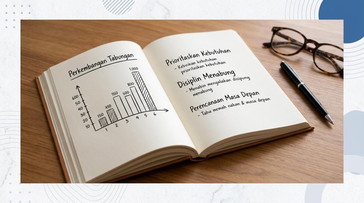 Ilustrasi buku terbuka berisi grafik keuangan dengan latar grafis porcelain dan aksen biru baja.